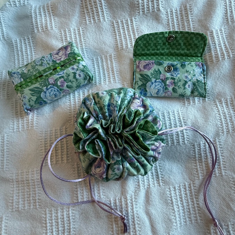 Quilted Floral Drawstring Pouch and Wallet Set